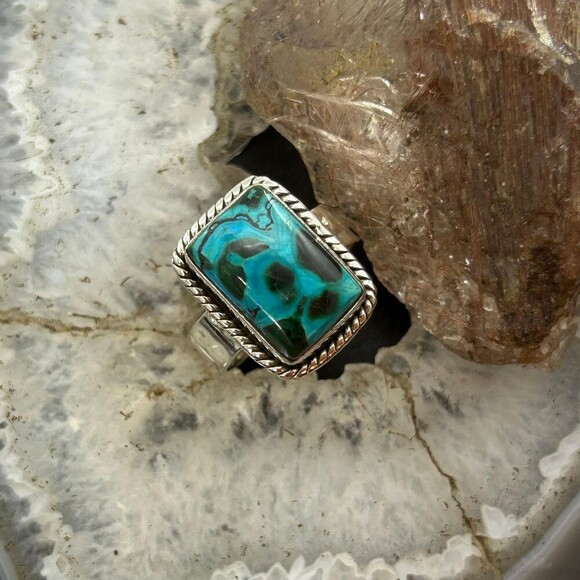 Sterling Silver Southwestern Style Malachite Chrysocolla Bar Ring S 10 For Women - Picture 2 of 10